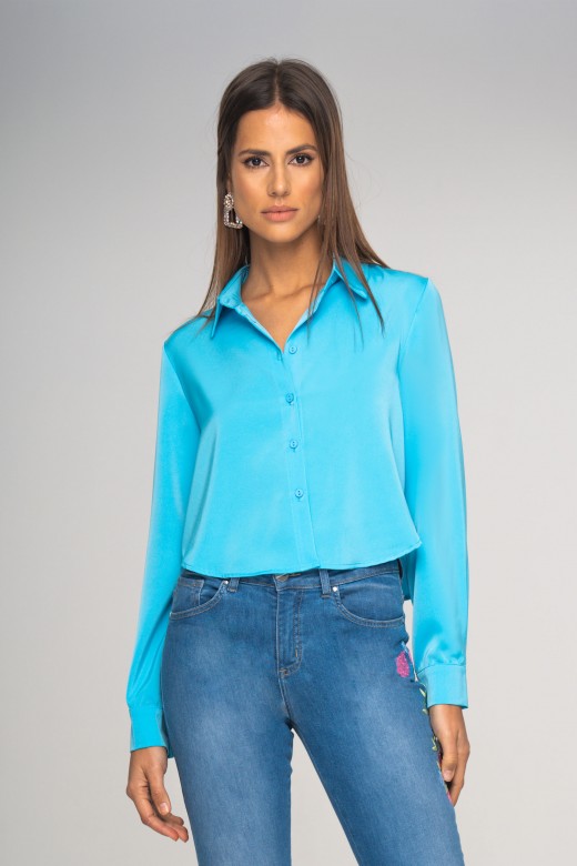 Cropped satin button up shirt