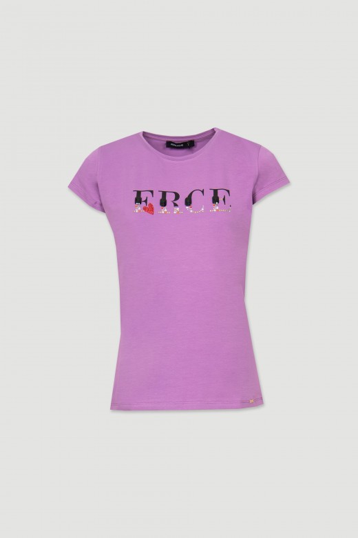 Camiseta algodón logo estampado pedrería y purpurina