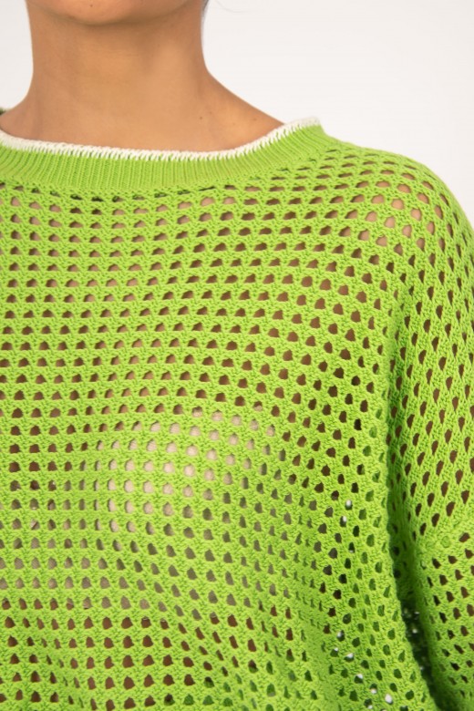 Knit sweater perforations with contrast stripe
