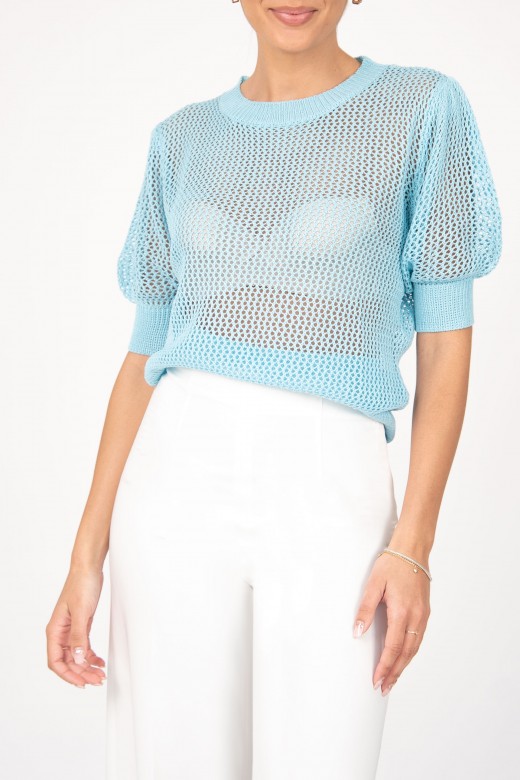 Knit sweater perforations puff sleeves
