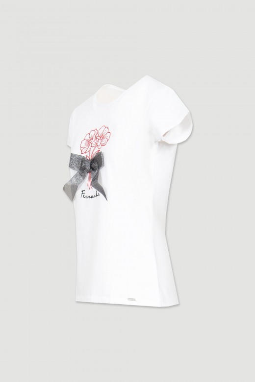 T-shirt with embroidered flowers and bow