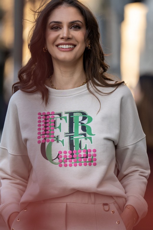 Cotton sweater logo printed with rhinestones and reliefs