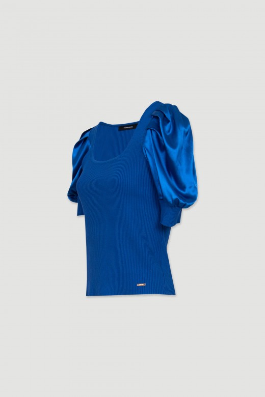 Knit sweater with satin puffed sleeves