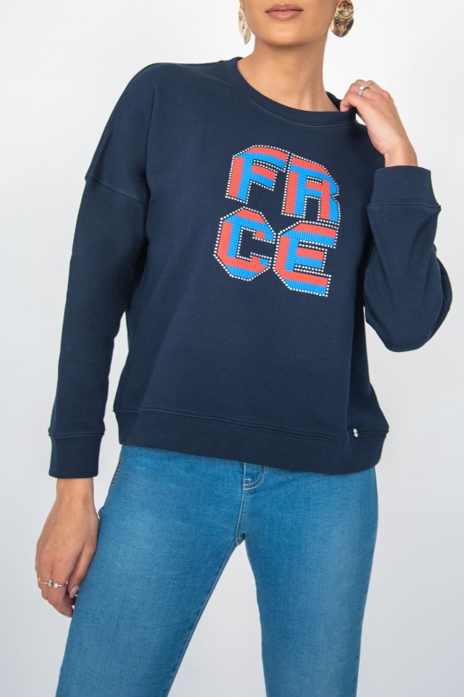 Cotton sweater logo printed with rhinestones and reliefs