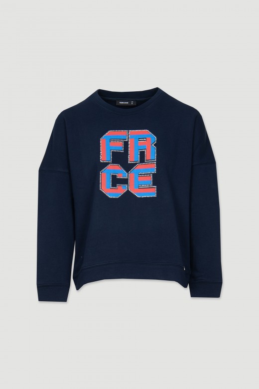 Pull en coton logo imprim avec strass et reliefs
