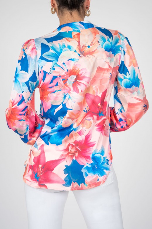 Floral pattern satin button up shirt