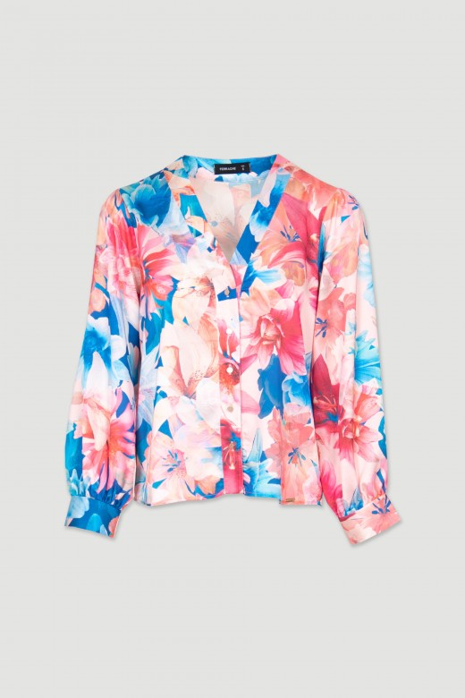 Camisa acetinada padrão floral