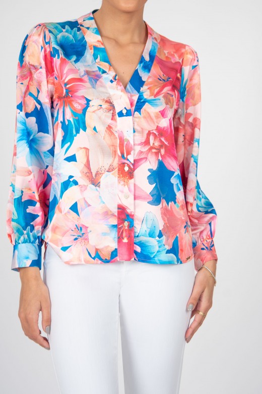 Floral pattern satin button up shirt