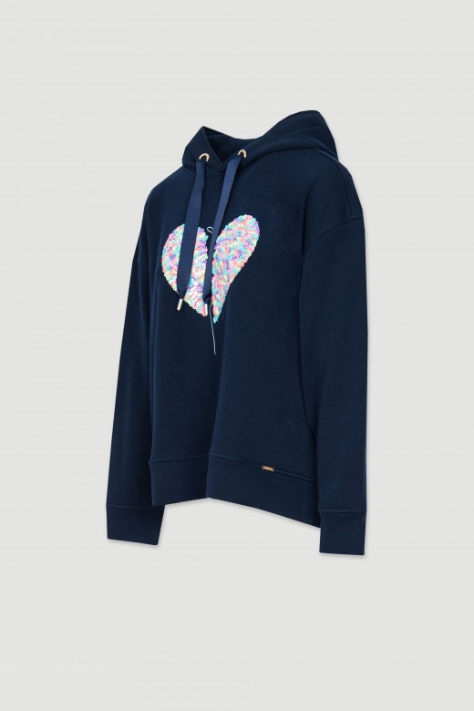 Hooded cotton sweatshirt with embroidery and sequins