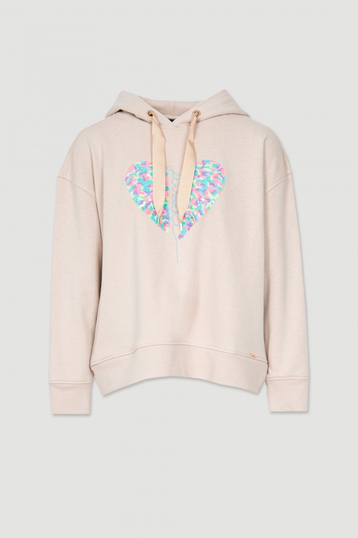 Hooded cotton sweatshirt with embroidery and sequins