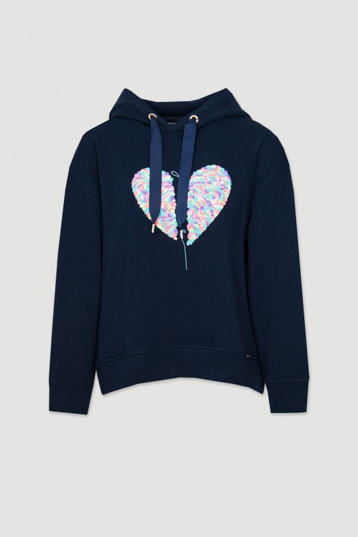Hooded cotton sweatshirt with embroidery and sequins