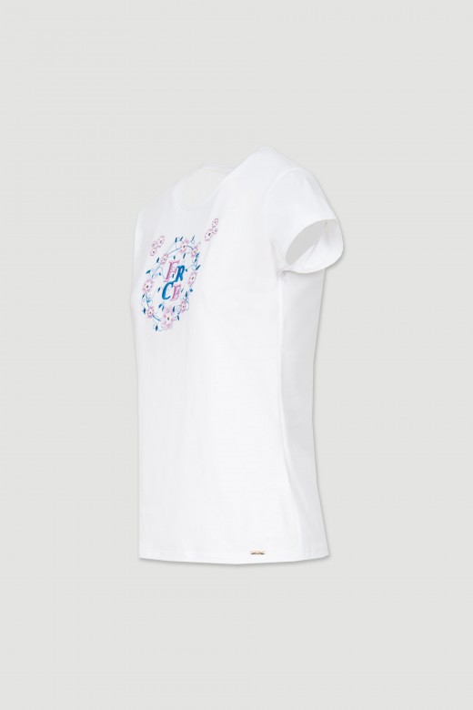 T-shirt de algodão bordado logo e flores