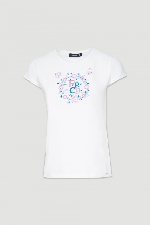 T-shirt de algodão bordado logo e flores