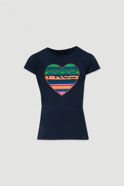 Tee-shirt en coton avec imprim cur et strass