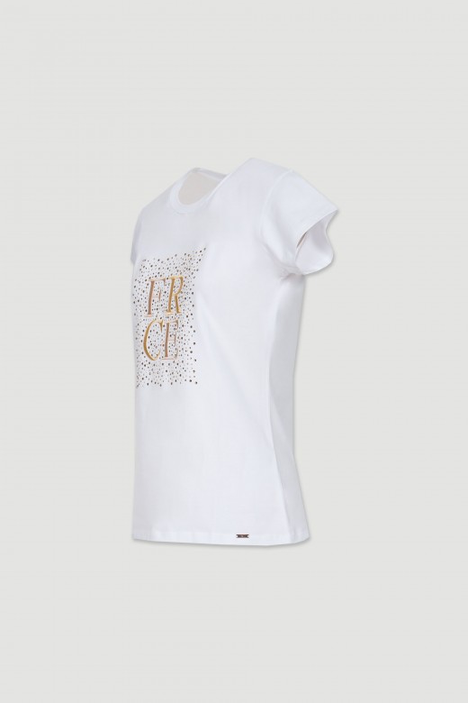 Camiseta de algodón con logo y pedrería
