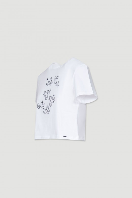 T-shirt curta de algodão com bordados