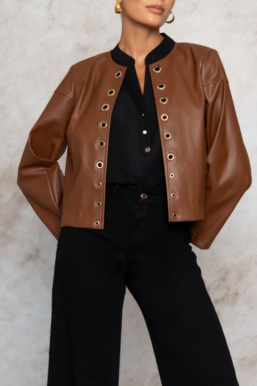 Short leather effect jacket with eyelets