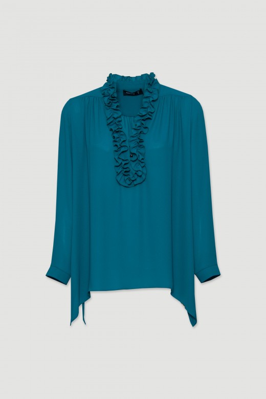 Asymmetrical tunic with ruffles at the neckline