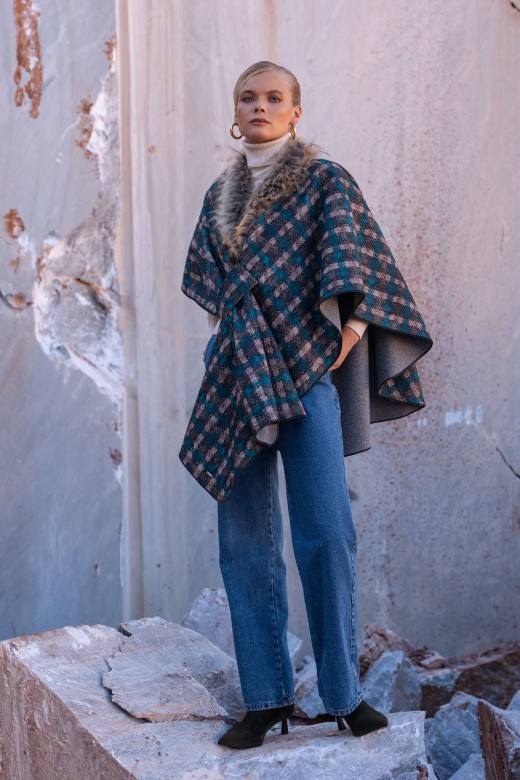 Checkered woolen cape with wrap closure