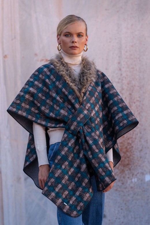 Checkered woolen cape with wrap closure