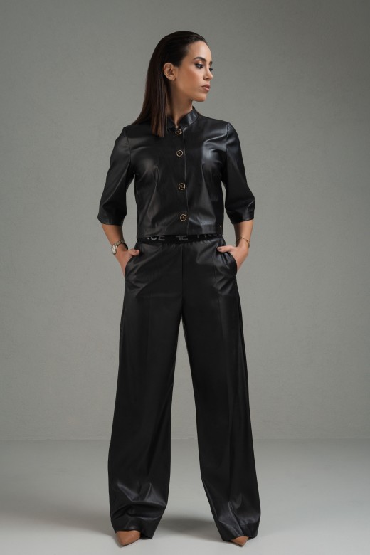 Wide leg faux leather pants with elastic belt
