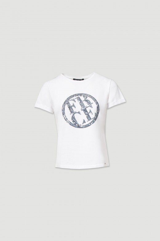 T-shirt bsica com logotipo em lantejoulas