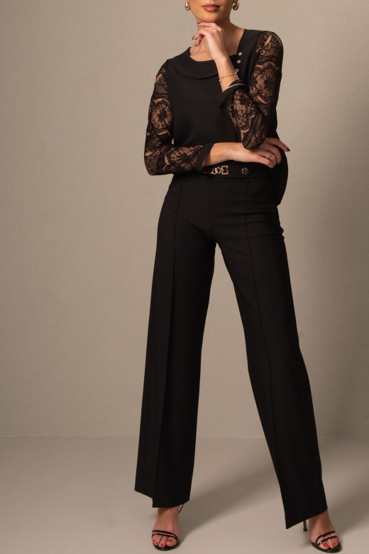 Wide-leg pants with metallic embellishment on the front