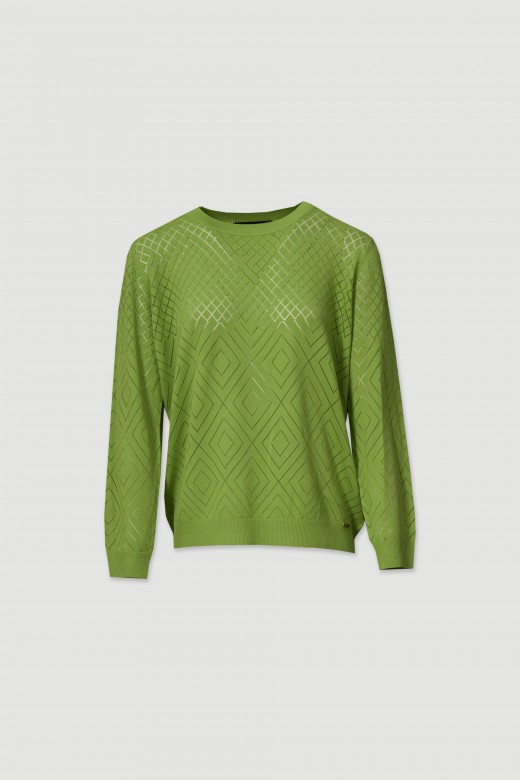 Knit sweater with perforated diamond pattern