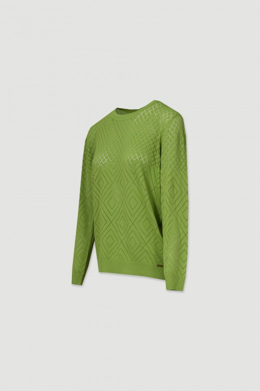 Knit sweater with perforated diamond pattern