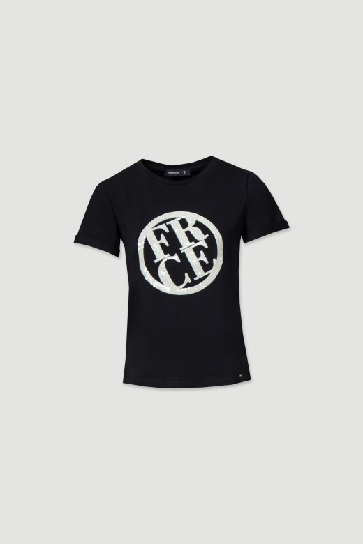 T-shirt bsica com logotipo em lantejoulas