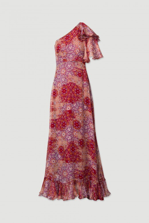 Long printed dress with asymmetric neckline