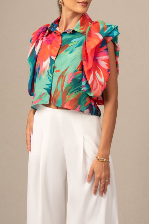 Blouse with ruffled sleeves and print