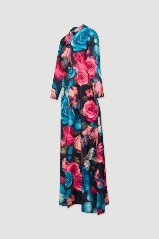 Printed long dress with front zipper