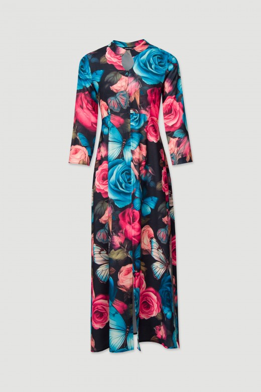 Printed long dress with front zipper