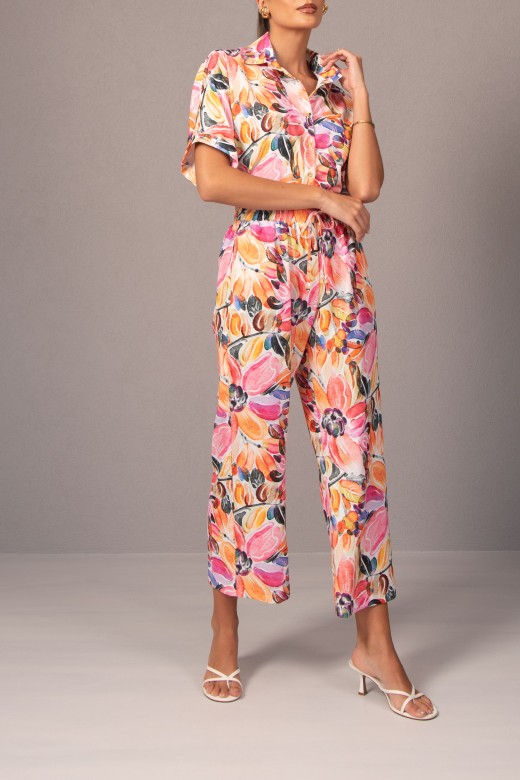 Printed culotte pants with elastic belt