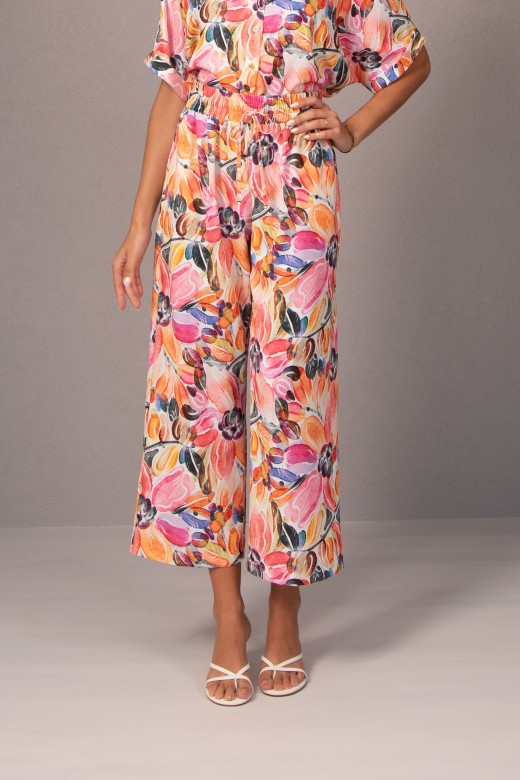 Printed culotte pants with elastic belt