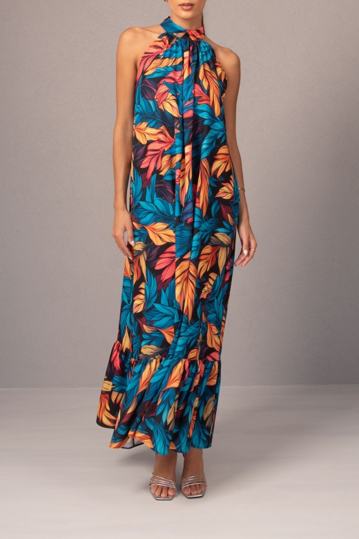 Long dress with printed halter neckline