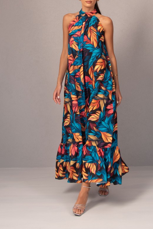 Long dress with printed halter neckline