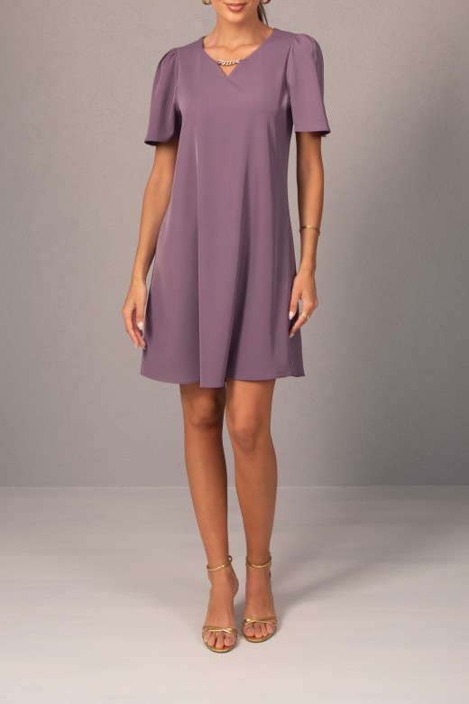 Fluid dress with metallic appliqu on the neckline