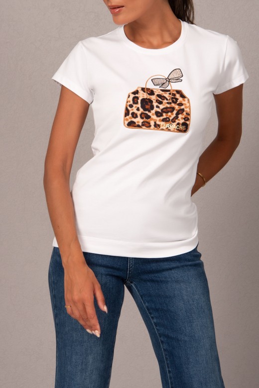 T-shirt bsica com aplicao de tecido estampado