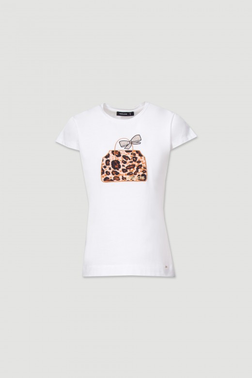 T-shirt bsica com aplicao de tecido estampado