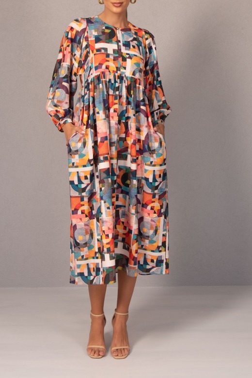 Printed dress with long balloon sleeves