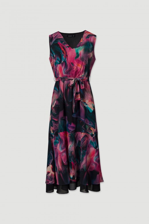 Fluid printed dress with double-layer fabric