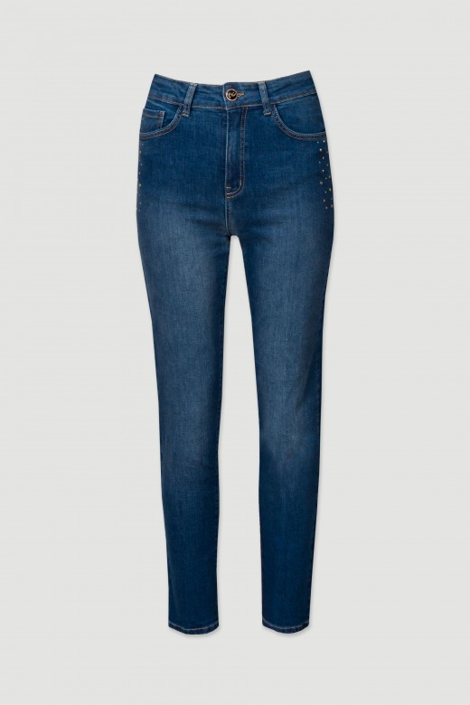 High-waisted jeans with transfer appliqu