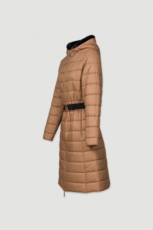 Long padded parka with belt