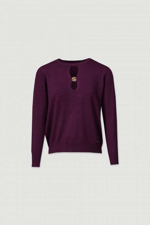 Knit sweater with neckline cutout