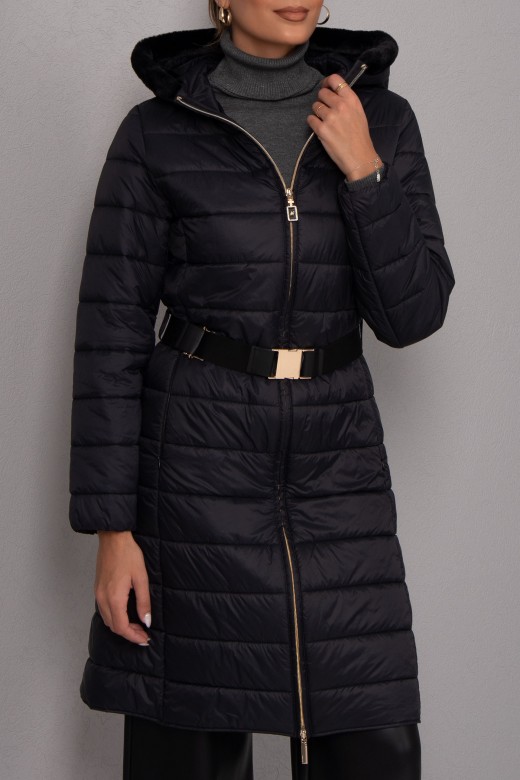 Long padded parka with belt