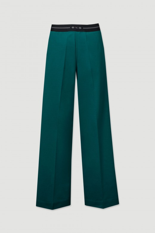 Wide-leg knit pants with custom elastic belt