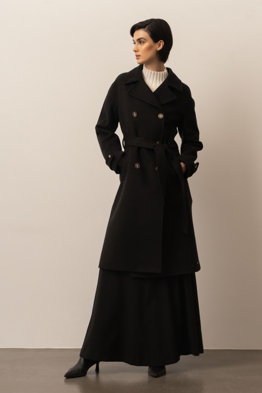 Long farmhouse coat with customized buttons.