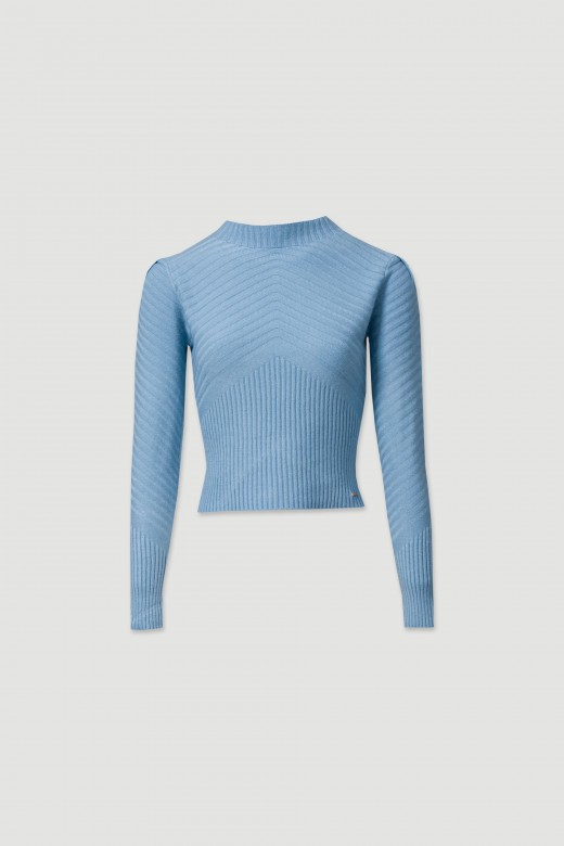 Knit sweater with a high ribbed trim.